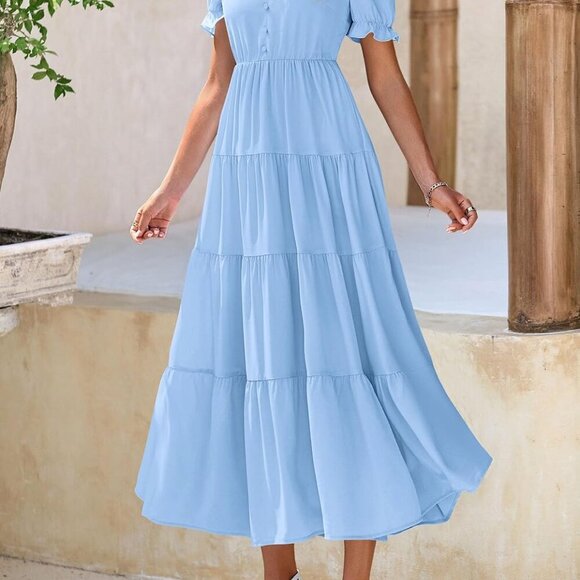 Women's Summer Casual Short Sleeve V Neck Midi Dresses 2025 Spring A-line Tiered - Picture 7 of 8